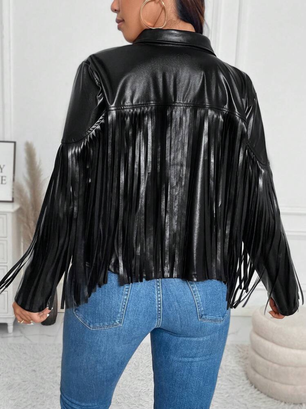 Womens Black Fringe Faux Leather Jacket boho blazer - Picture 6 of 6